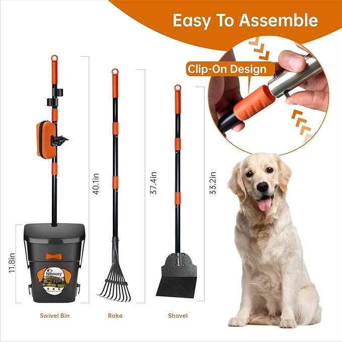 Dog Pooper Scooper with Bags & Dispenser - 37.4" Long Durable Metal Handle Swivel Bin & Rake & Spade Kit, Large Capacity Portable Pooper Scooper for Yards,Easy to Assemble