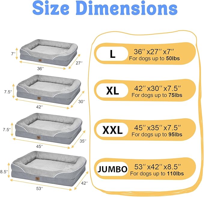 Orthopedic Washable Large Dog Bed - Egg Foam Dog Beds for Large and Medium Dogs Big Pet Beds with Removable Washable Cover and Bolster for Extra Large Dogs