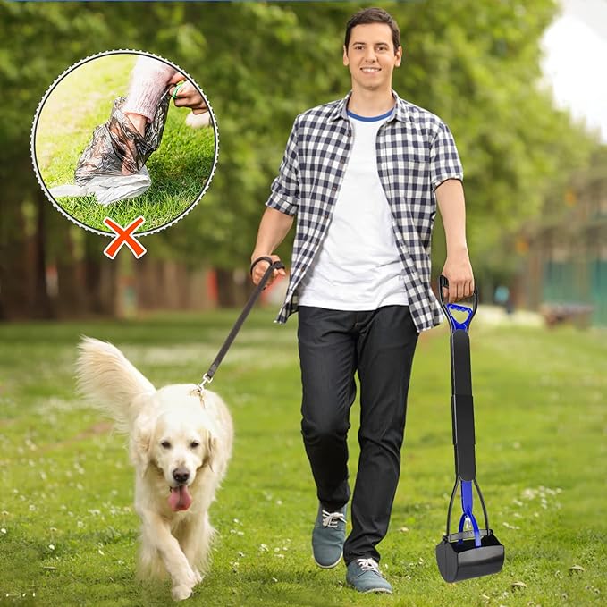 UPSKY 32'' Pooper Scooper for Large Small Dogs, Long Handle Dog Poop Scooper with Waste Bags, Portable Dog Poop Pick Up Tool, Folding Poop Scoop for Yard, Grass, Dirt, Gravel Blue