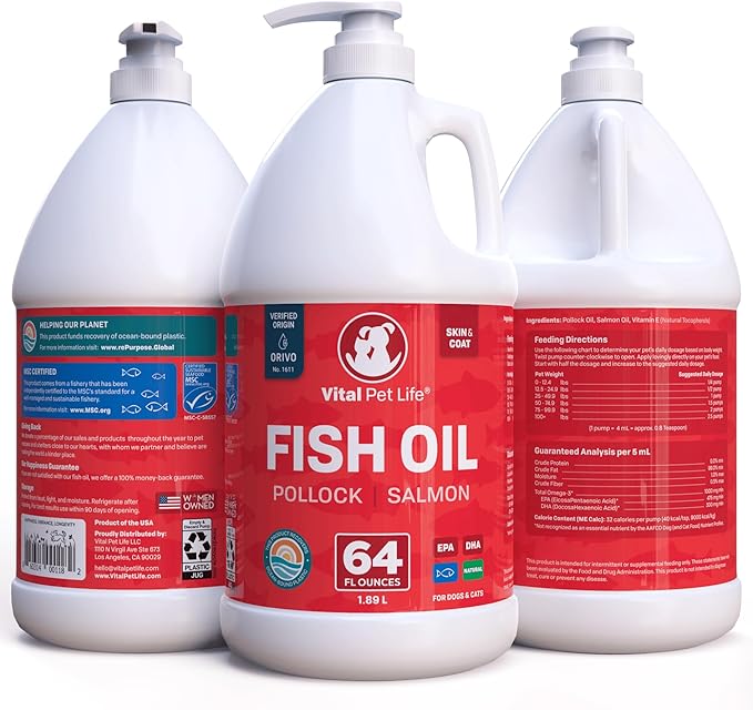 Fish Oil for Dogs - Healthy Skin & Coat, Salmon, Pollock, All Natural Supplement for Pets, Itching Scratching Allergy & Inflammation Defense, Omega 3 EPA DHA, Brain & Heart Health, 64 oz