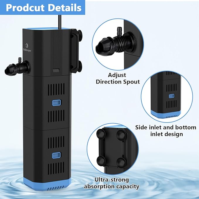 Aquarium Filter for 40-170 Gallon Tank,265GPH Fish Tank Filter 16W Green Clean Machine Submersible Pump Filter for Green Water and Algae Clean,Submersible Internal Filter for Saltwater Freshwater