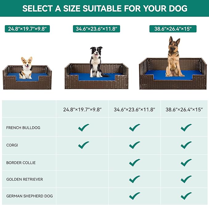 YITAHOME Rattan Dog Sofa Bed with Cushion, Wicker Pet Bed Sofa Couch Indoor Outdoor Waterproof for Large Medium Small Dogs Cats (38.6''L*26.4''W*15''H,Blue)