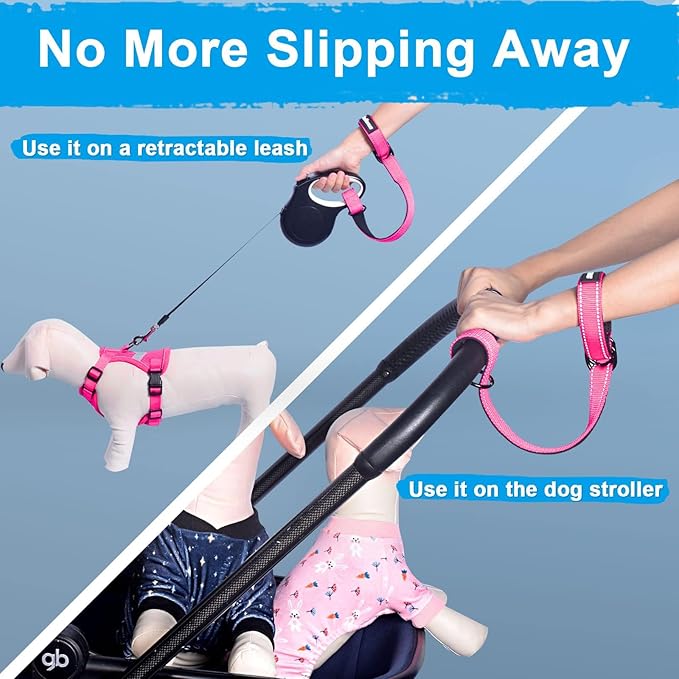 PetBonus 2 Packs Short Dog Leash, Safety Wrist Strap for Retractable Dog Leash, Reflective Design and Adjustable Soft Padded Handle, Extra Layer Security for Pet Stroller (Pink, Pink)
