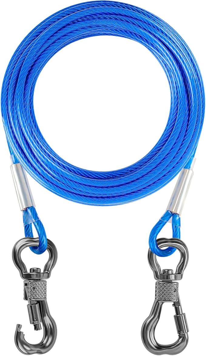 Tresbro 25FT Blue Reflective Tie Out Cable for Dogs Up to 125 Pounds, Steel Wire Lead Leash with Stainless Rotatable Buckle, Lightweight and Enduring, Dog Chains Outside for Outdoor,Yard,Camping