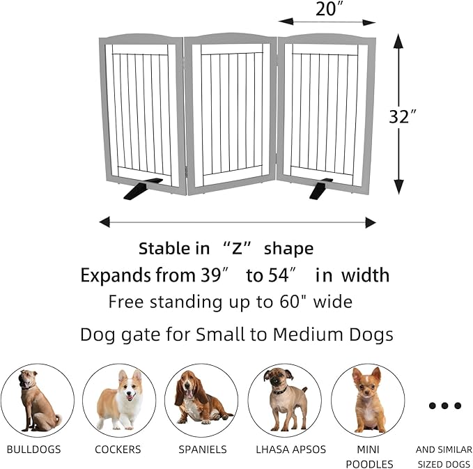 ZJSF Freestanding Dog Fence Indoor, Foldable Dog Gate for Doorways, Stairs or Hallways, Sturdy Wood Extra Wide Pet Gate with Support Feet for The House, Grey, 32 "Height-3 Panels