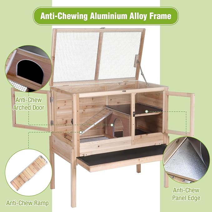 GUTINNEEN Indoor Guinea Pig Cages - Wooden Rabbit Cage Bunny Hutch with Chew-Proof Ramp, Pull-Out Tray, Leakproof PVC Layer & Detachable Legs for Rabbits, Guinea Pigs (Natural Wood)