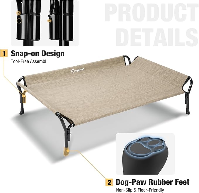 Veehoo Medium Elevated Dog Bed, Guardrail, Non-Slip, Teslin Mesh, 35"L x 26"W x 11"H, Beige Coffee