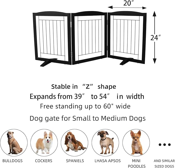 ZJSF Freestanding Dog Fence Indoor, Foldable Dog Gate for Doorways, Stairs or Hallways, Sturdy Wood Extra Wide Pet Gate with Support Feet for The House, Black, 24 "Height-3 Panels