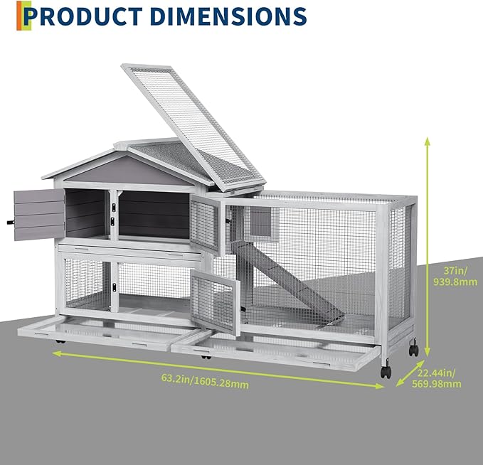 Rabbit Hutch 2-Tier, Small Wooden Chicken Coop with Wheels for Outdoor Use - Weatherproof Small Animal Hutch with Non-Slip Ramp, 4 Access Doors & Removable Tray for Rabbits, Guinea Pigs, Ferrets