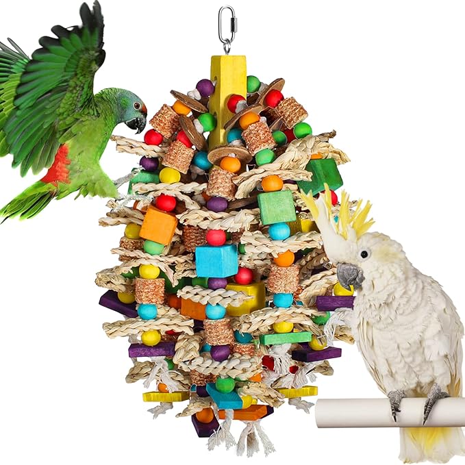 Medium Large Parrot Toys 20in Chewable Bird Toy with Coconut Shell, Poplar Wood, Corn Cob, 112 Schima Wood Beads Bird Shredding Toys Parakeet Macaw Cockatiel Conure African Grey Parrot Gifts