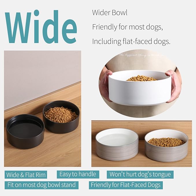 Black Dog Bowl Ceramic for Medium Large Breed, Heavy Weighted Dog Food Water Feeder Dish, Non - Slip Modern Cute Extra Big Porcelain 8 in Pet Bowl Maze