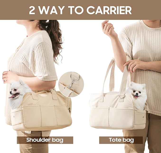 Dog Purse Carrier for Small Dogs, Soft Soft Sided Folding Dog Carriers for Small Dogs Medium Cats Puppies up to 15 Lbs, Washable Breathable Puppy Carrier for Outdoor Travel (Large Beige)