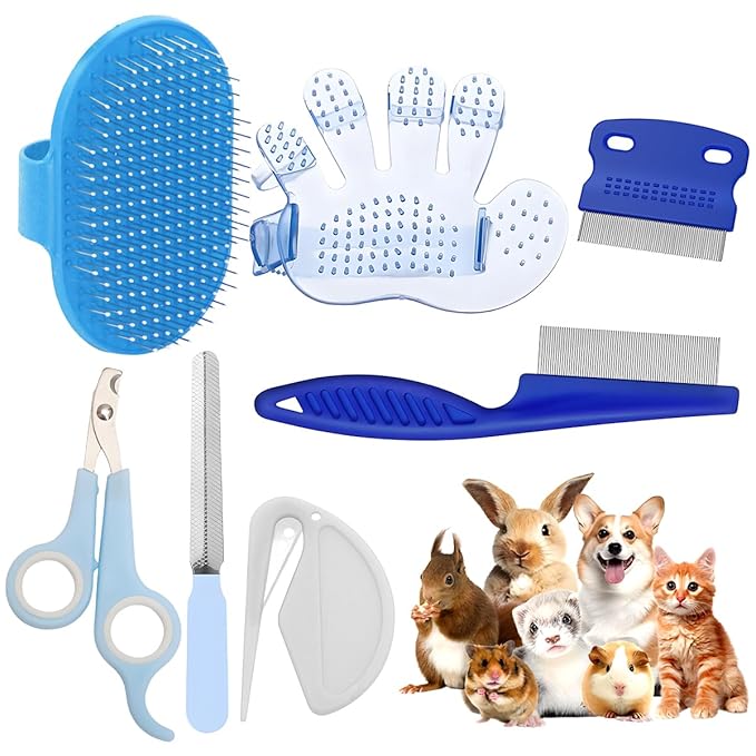 Rabbit Grooming Kit โ Bunny Grooming Kit with Shedding Brush, Nail Clippers & Comb โ Small Animal Grooming Supplies for Rabbits, Guinea Pigs, Hamsters, Ferrets - Small Pet Shedding & Care (Blue)