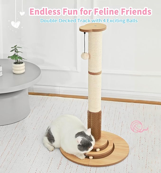 Made4Pets Cat Scratching Post Premium Sisal Cat Scratcher Kitten Toys for Indoor Kittens 33.6" Tall Cat Tower Scratch Post Cat Tree Wooden Interactive Ball Track Cat Toy with Hanging Ball, Beige