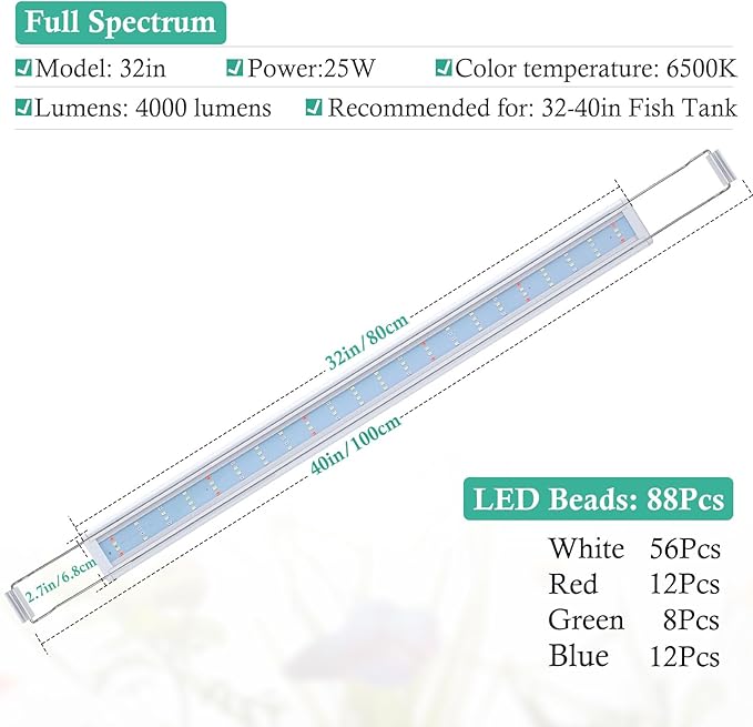 HITOP Full Spectrum LED Aquarium Light β 32-40" Classic Fish Tank Light with Timer, Aquarium Plant Light with Stable Extendable Brackets (32-40in)