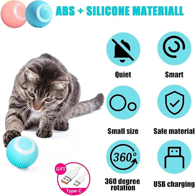 Power Ball 2.0 Interactive Cat Toy, Smart Automatic Rolling Ball for Indoor Cats, USB Charging (Pink & Blue)