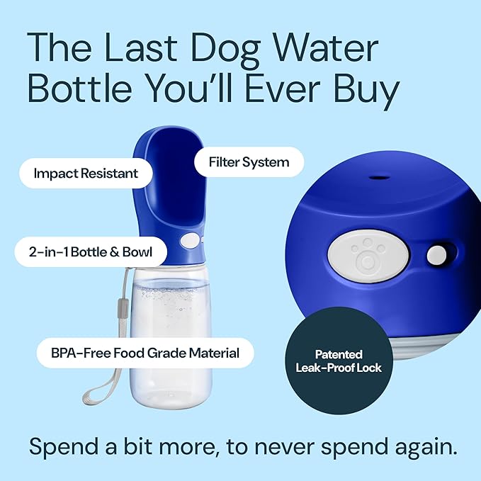 MalsiPree Dog Water Bottle - 12 Oz, Navy Blue - Leakproof Portable Water Bowl Dispenser for Travel, Hiking & Road Trips - Travel Dog Bowl for Hydration - Lightweight Food-Grade Plastic