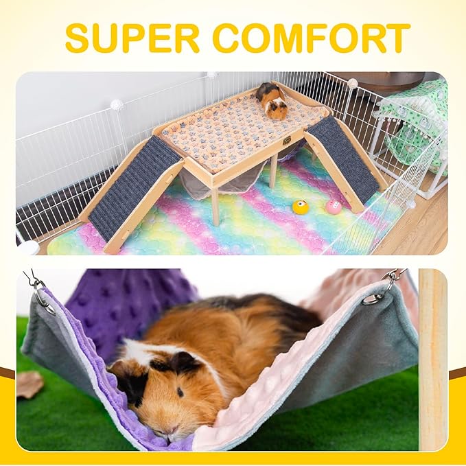 Enlarged Guinea Pig Hammock with Platform and Stairs,Wooden Foldable Piggies Hideout for Guinea Pigs Bunny Ferret Hamster Hiding Sleeping Activities 24L x 12W x 11H in(Double)