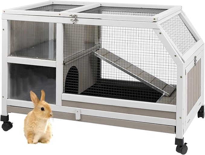36''L Rabbit Hutch Outdoor with Casters and Run, Wooden Indoor 2 Story Guinea Pig Cage with Divider Panel, Pull Out Tray, Rabbit Duck Bunny House for Small to Medium Animals and Pet Lover, Gray