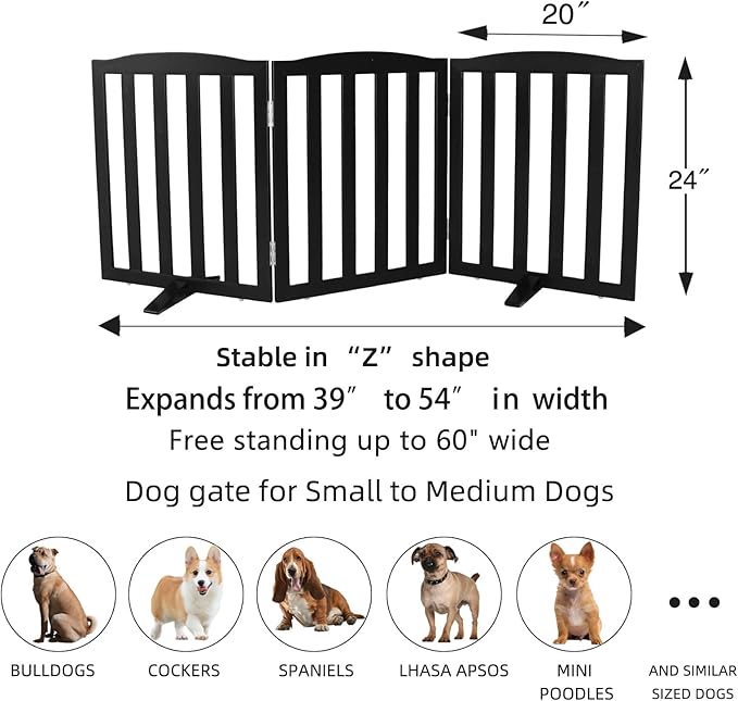 ZJSF Foldable Freestanding Indoor Dog Gate for House Wood Long Pet Gates Dog Fence for Stairs Puppy Gates for Hallways, Puppy Gate,Support Feet Included, Black, 24 "Height-3 Panels