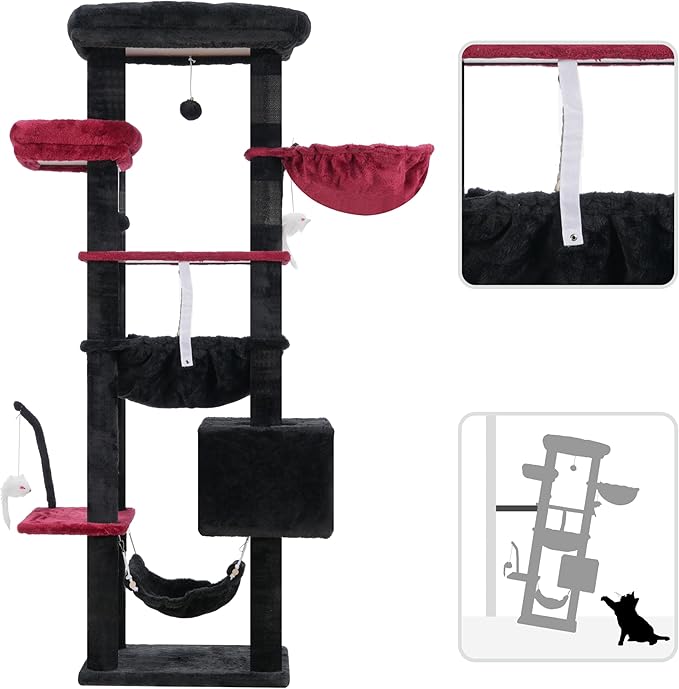 Gothic Cat Tree, Cat Tower for Large Cats with 2 Big Platforms, 2 Baskets, condo and Toys, 63" Cat Scratching Posts for Indoor Cats, Black and red GCT020BR