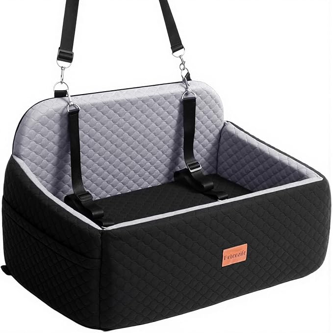 Dog Car Seat for Large Medium Dogs, Pet Car Seat Under 55 lbs or 2 Puppies, Removable Washable Pets Travel Booster Bed for Automotive Backseat with Comfy Thick Cushion, 2 Safety Leashes(Black/Gray)