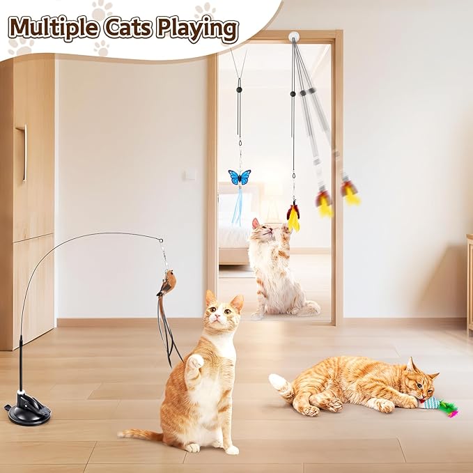 HONGDDY Interactive Bird Simulation Cat Toys,4 in 1 Cat Toys for Indoor Cats, 4 Replacement Birds,Hanging Door Kitten Wand with Suction Cup Removable Feathers Balls Mice Butterfly Streamers