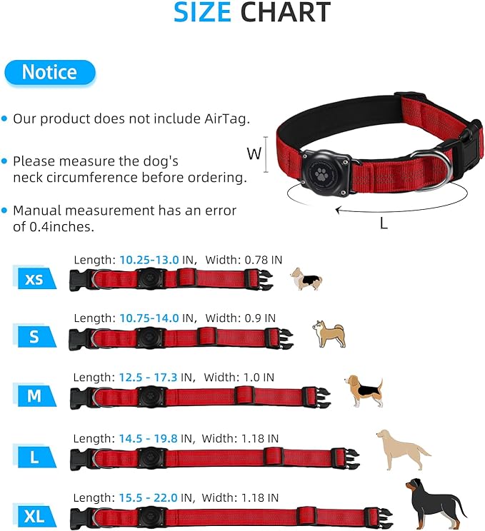 Upgraded AirTag Dog Collar, IP68 Waterproof Air Tag Dog Collar Holder, Reflective, Ultra-Durable, Comfortable Padded, Heavy Duty Dog Collars for Small Medium Large Dogs (XL (15.6"-22"), Red)