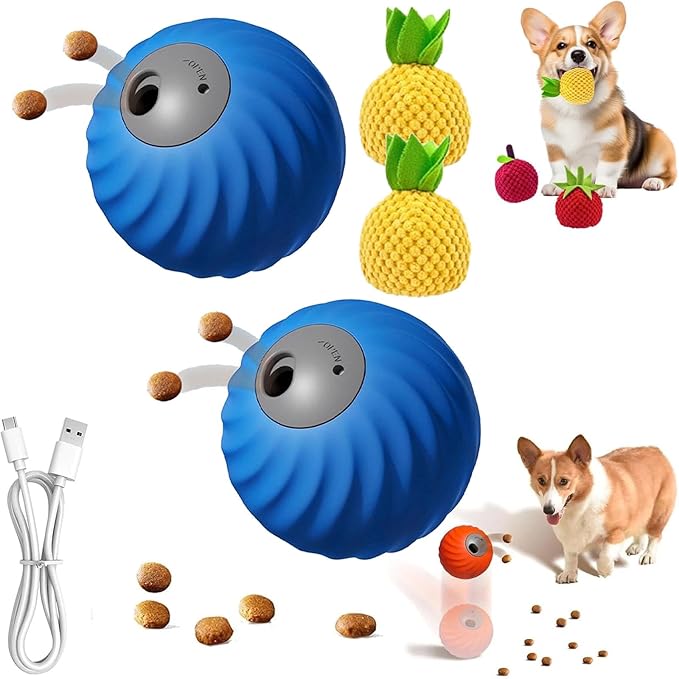 Zoomie Buddy 2.0, Zoomie Buddy for Dogs, 2 in 1 Smart Touch Interactive Dog Balls & Pet Feeder, 2.83" Diameter, Suitable for Small/Medium Dogs, with Fruit Plush Cover (2*Blue, Pineapple)