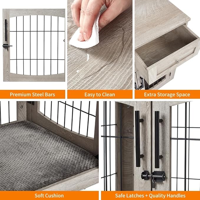 Dog Crate Furniture for Large Dogs, Wooden Dog Kennel Indoor with Double Doors, Dog Cage with Cushion & Drawers, Dog House Side End Table for Large Medium Dogs up to 70 lb, 39.4β L, Grey