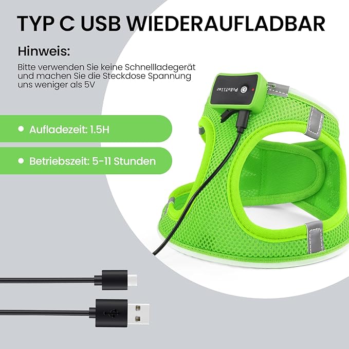 Pceotllar LED Dog Harness - Rechargeable, Flashing Light, No Pull, Reflective - Small/Medium, (Green S)