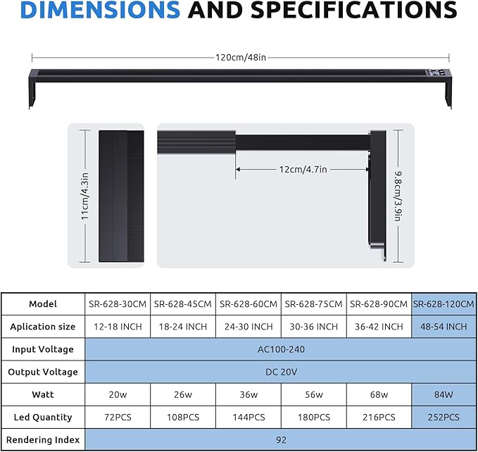 24/7 LED Aquarium Light for 48-54 Inch Fish Tank, Fish Tank Light for Plants, Auto On Off with Timer, 9 Colors, Adjustable Brightness, Daylight & Moonlight, DIY and Nature Weather Mode, 84W