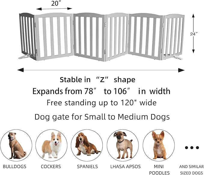 ZJSF Foldable Freestanding Indoor Dog Gate for House Wood Long Pet Gates Dog Fence for Stairs Puppy Gates for Hallways, Puppy Gate,Support Feet Included, Grey, 24 "Height-6 Panels