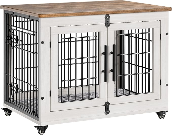 Lulive Dog Crate Furniture for Medium Dogs, 32'' Dog Kennel Indoor with Cushion & Wheels Wooden Dog Cage Double Doors Dog Crate End Table, White