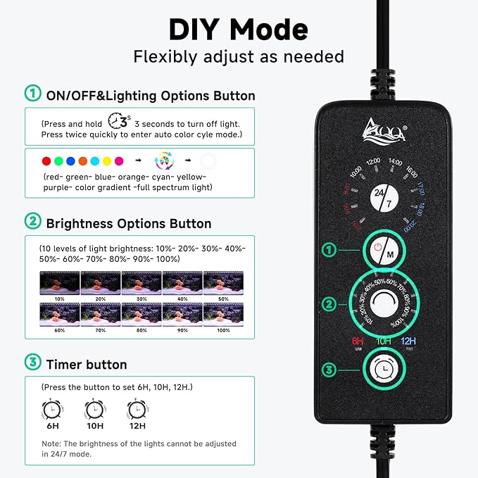 AQQA LED Aquarium Light, 24/7 Mode IP68 Waterproof Extendable Bracket Fish Tank Light, DIY Mode Full Spectrum Aquarium Plant Light, Adjustable Timer/Brightness Memory Function for 40-48 Inch Fish Tank