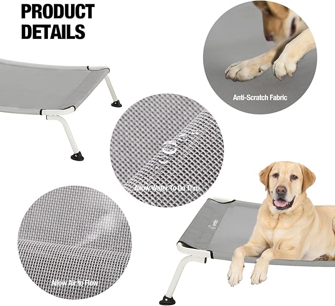 Veehoo Elevated Dog Bed for Outdoor, Cooling Waterproof Raised Dog Cots Beds for Medium Dogs, Curved Off Ground Pet Hammock Cot Lifted for Outside, up to 65lbs, White Legs, Grey 32"