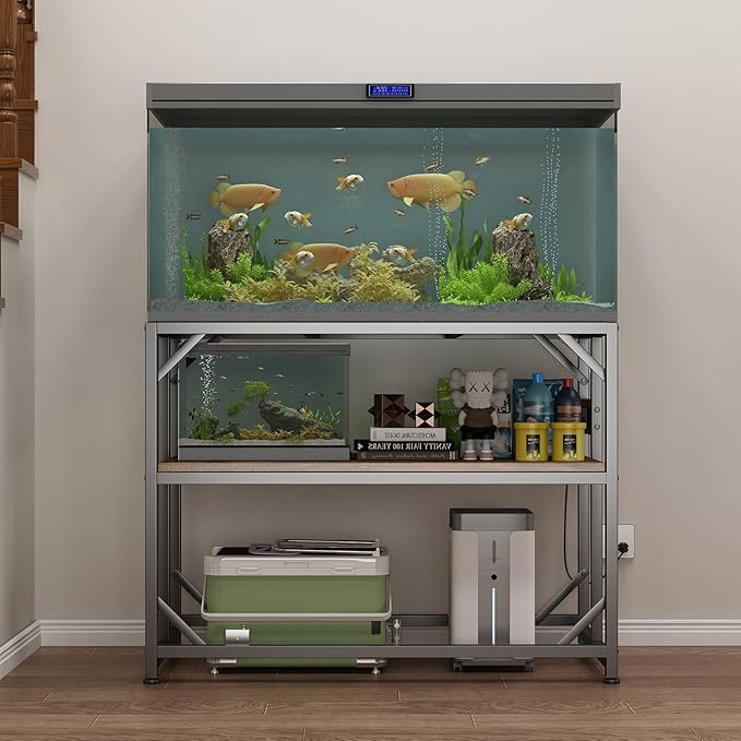 Sturdy Metal Aquarium Stand with Power Outlets, Adjustable Storage Cabinet - 660LBS Capacity, Rustic Brown - Suitable for 40 Gallon Fish Tank, Turtle Tank, Perfect Fish Tank Stand for Organization and Convenience