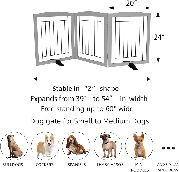 ZJSF Freestanding Dog Fence Indoor, Foldable Dog Gate for Doorways, Stairs or Hallways, Sturdy Wood Extra Wide Pet Gate with Support Feet for The House, Grey, 24 "Height-3 Panels