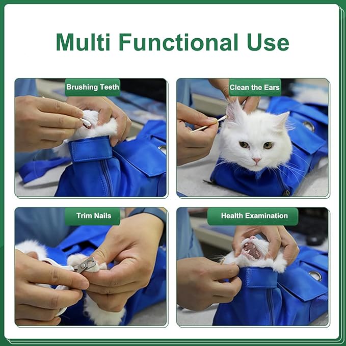 HDKUW Cat Grooming Bag,Foldable Travel Carrier for Cats,Anti-Bite Anti-Scratch Cat Grooming Restraint Bag,Pet Carrier for Administering Eye Drops,Ear Cleaner,Clipping Nails Blue L