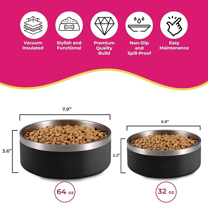 64 oz Black Anti-Skid Dog Bowl, Vacuum Insulated, Powder Coated, Stainless Steel, Non-Slip, Easy to Clean