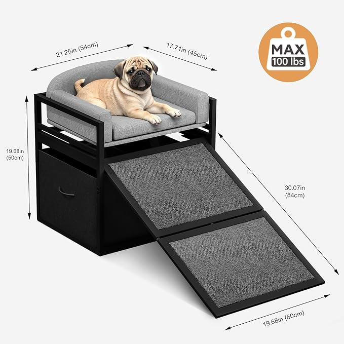 Pet Stairs Ramp Doggie Stairs with Seat & Storage Drawers,Extra Wide Seat Mate Chair Puppy for High Bed Couch Office,Non Slip Dachshunds,Step for Small Dogs,Cat Ladder Grey(Hold Up to 100 lbs)
