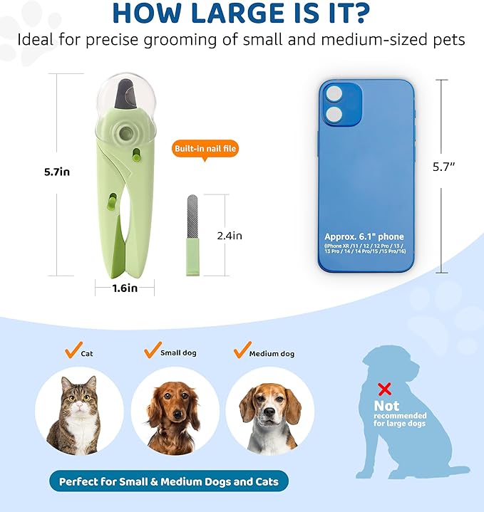 Pet Nail Clipper with Light for Cats & Small Dogs Puppies, Ultra Bright LED to Illuminate Nail Bloodline to Avoid Over Cutting, Extra-Sharp and Durable Cat Claw Trimmer with Nail File (Green)