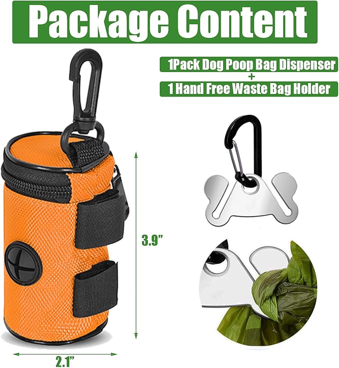 Dog Poop Bag Holder for Leash Attachment - Waste Bag Dispenser for Leash - Fits Any Dog Leash - Portable Set with Hand Free Holder Metal Carrier, Round Shape, Orange