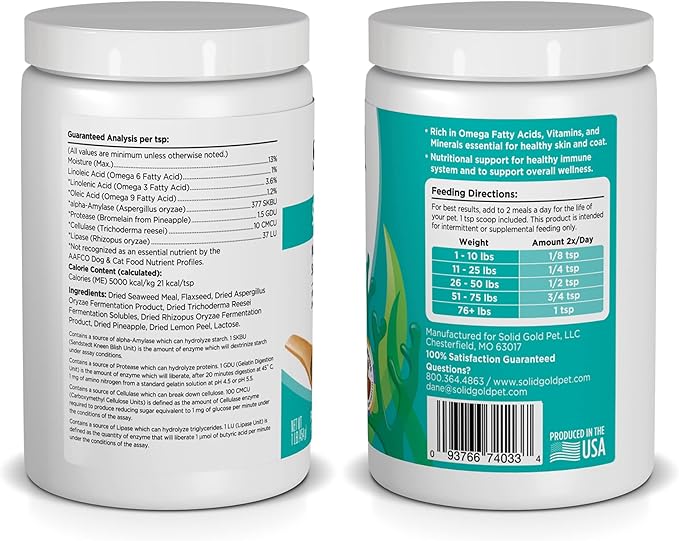 Solid Gold Cat & Dog Multivitamin Powder - Kelp Powder, Omega 3 & Vitamins for Dental, Digestive, Immune, Skin & Coat Health - Multi Vitamin for Dogs & Cats - Cat & Dog Food Additive Supplement - 1lb