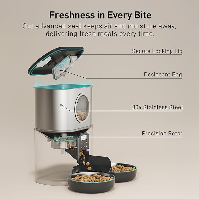 VOLUAS Automatic Cat Feeders for Two Cats,Stainless Steel 5L Pet Feeder for Cats and Dogs Timed Cat Feeder Pet Dry Food Dispenser, Silver Black