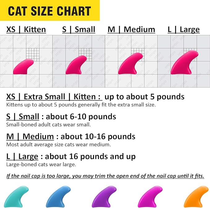 zetpo 100 pcs Cat Nail Caps | Cat Claw Covers | with Adhesives and Applicators (XS, Turquoise, Sky Blue, Purple, Rose, Orange Peel)
