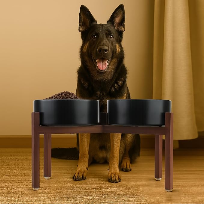 SPUNKYJUNKY Raised Ceramic Dog Bowls Set with Non-Slip Acacia Wood Stand for Large Sized Dog(60.87 OZ, Black)
