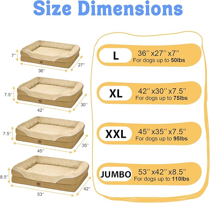 Washable Orthopedic Large Dog Bed - Big Dog Beds with Removable Waterproof Cover and Non-Slip Bottom XL Large Pet Bed with Bolster Extra Large Dogs Bed