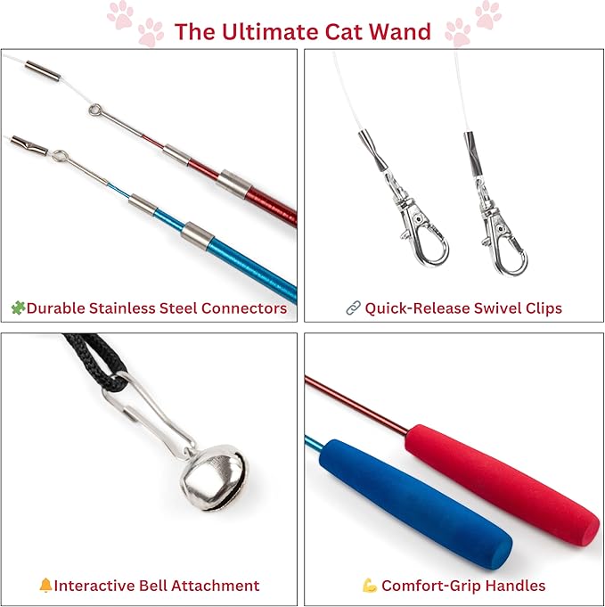 PAWSITIVE Interactive Cat Toys - Retractable Feather Wand with Refill Set 12PCS - Perfect for Indoor Cats to Chase, Exercise & Bond with Their Owners