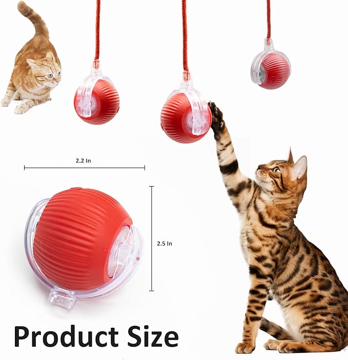 Interactive Cat Toys for Indoor Cats, 360° Smart Automatic Kitten Toys Self Rolling Pet Ball, Moving Dog Cat Ball with Mesh Tail for Bored, USB Rechargeable (Red)